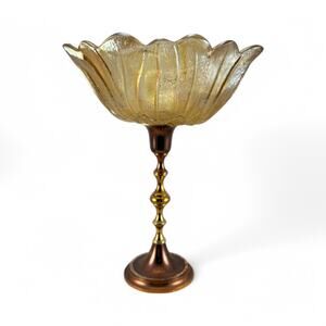 Vintage Amber Glass & Brass Pedestal Compote Bowl – Floral Design